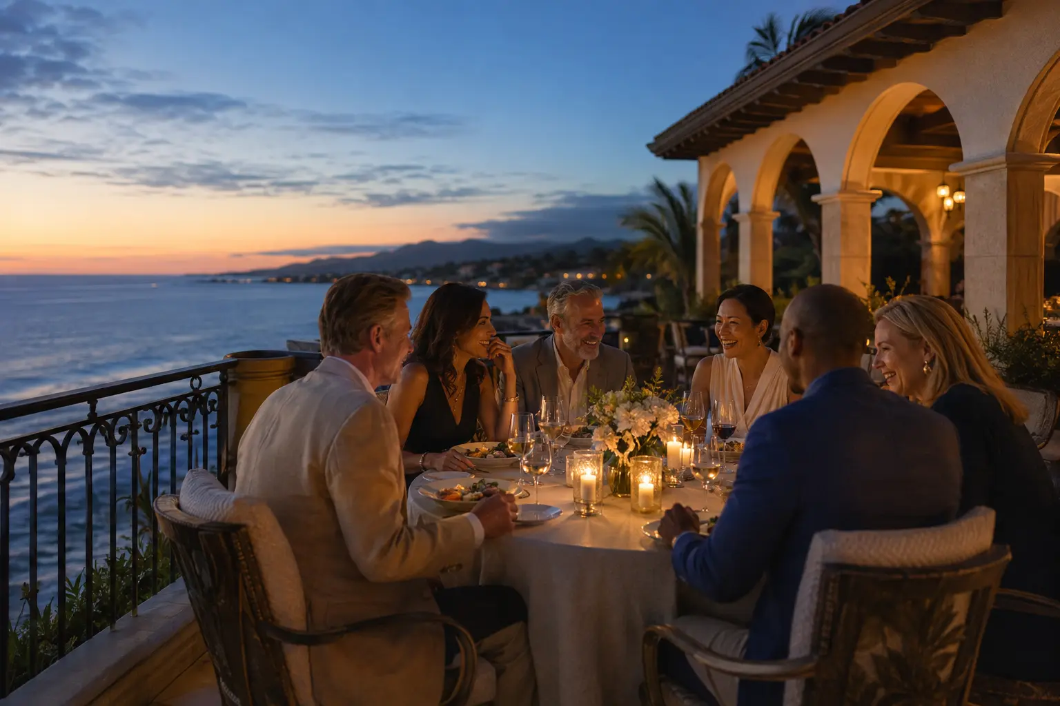 A private group sharing dinner on a coastal retreat